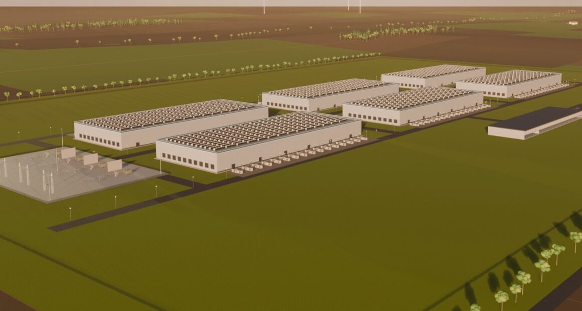 Aerial render of a fictional data center campus with six white halls, a substation and green fields around it