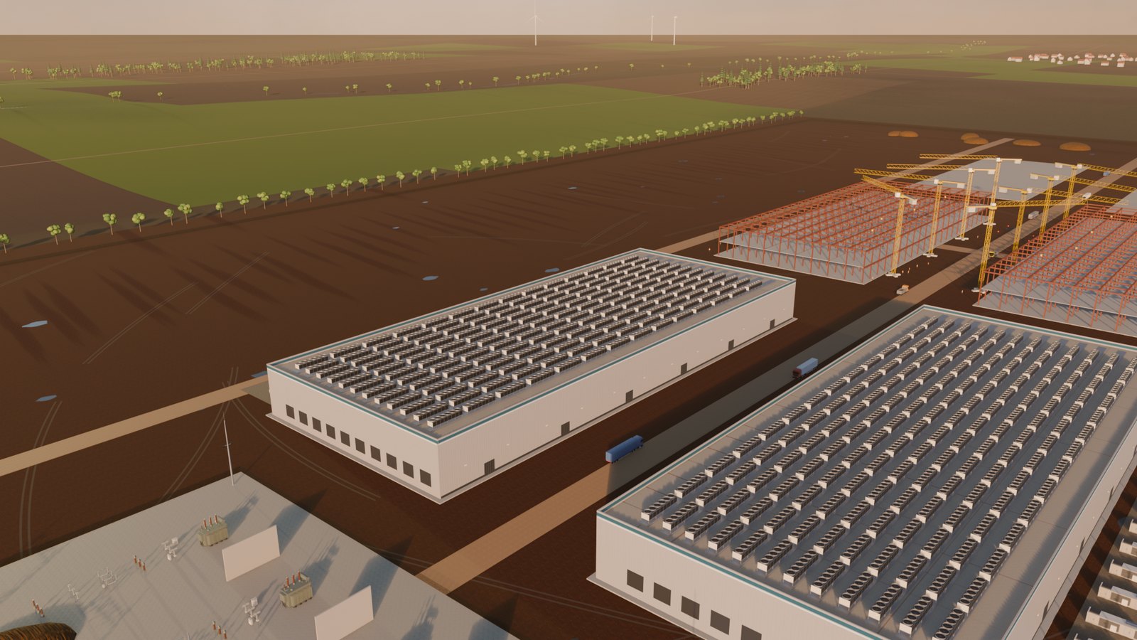 Aerial render of a fictional data center campus: two halls finished, the next two under construction with cranes, the rest still bare ground